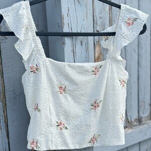 KIRIOUS White Cropped Top Medium Floral Eyelet Embroidered Boho Chic Romantic